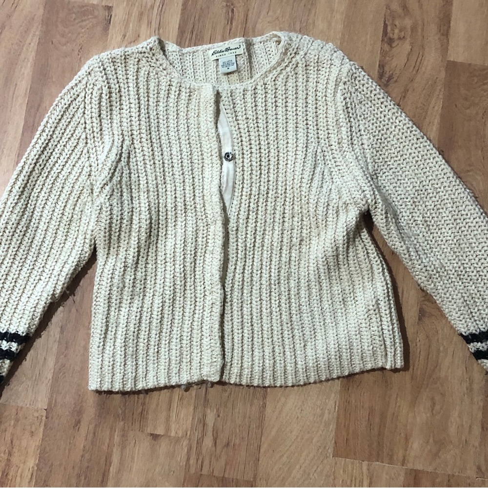 Eddie Bauer Cream Chunky Knit Cardigan with Contrast Cuff Detail